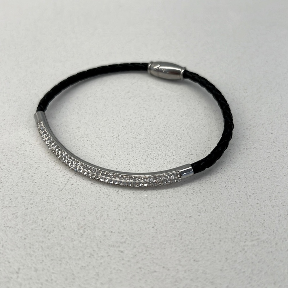 Black leather rhinestone bracelet